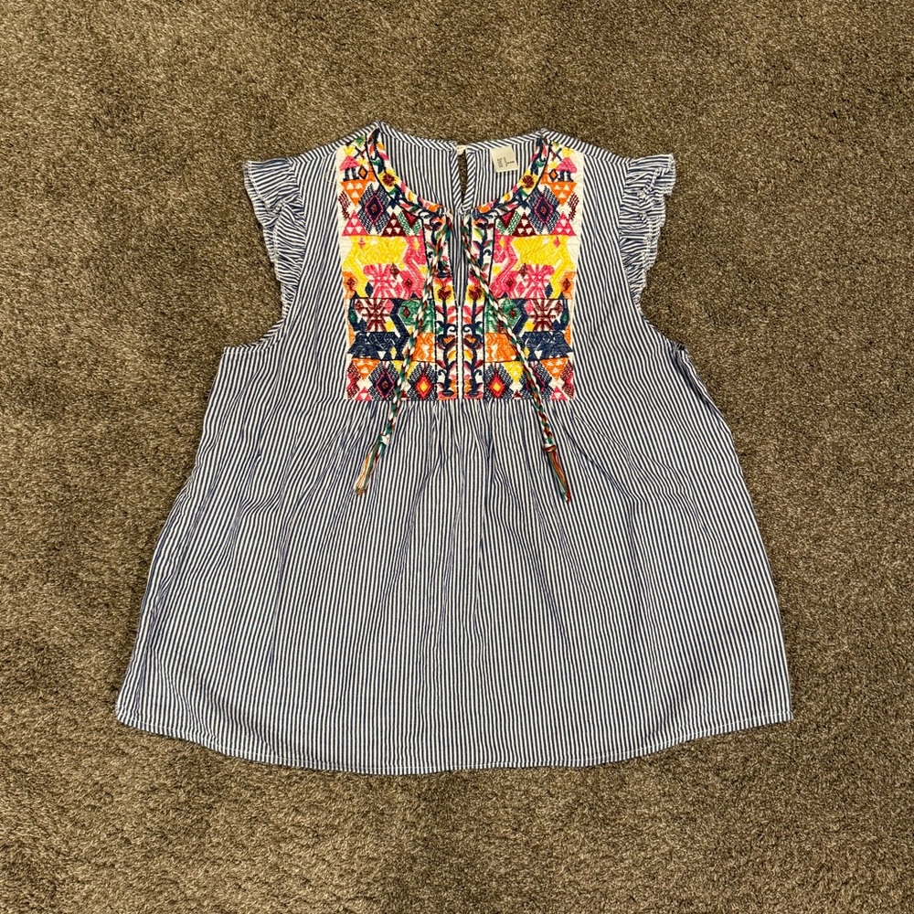 Floral Embroidered Boho Blue Striped Tank Top, Size Small